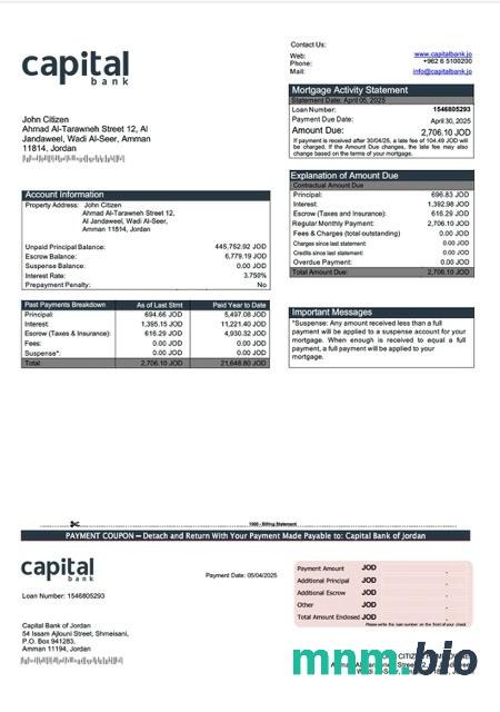 Jordania Bank Capital Jordanii wyciąg z kredytu hipotecznego szablon Word i PDF